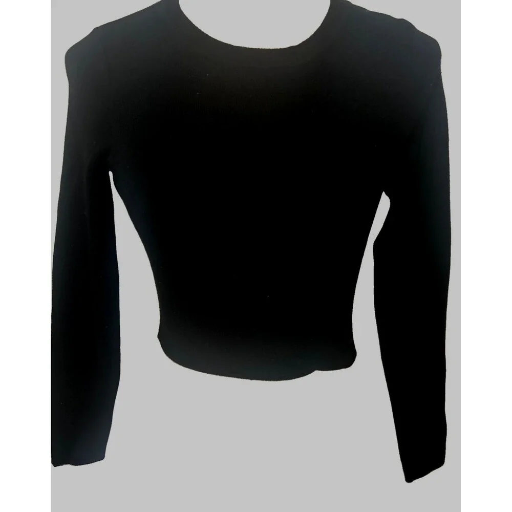 Zara Womens Size M Black Cropped Fitted Slim Long-Sleeve Pullover Knit Top